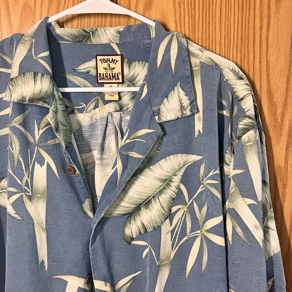 Tommy Bahama Blue and Green Leaf Print Shirt - Picture 2 of 4